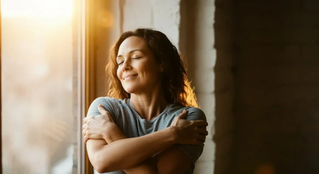 woman embracing herself in self-compassion pose