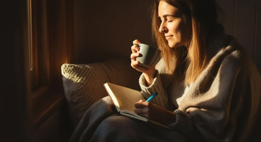 woman journaling in cozy corner with morning coffee