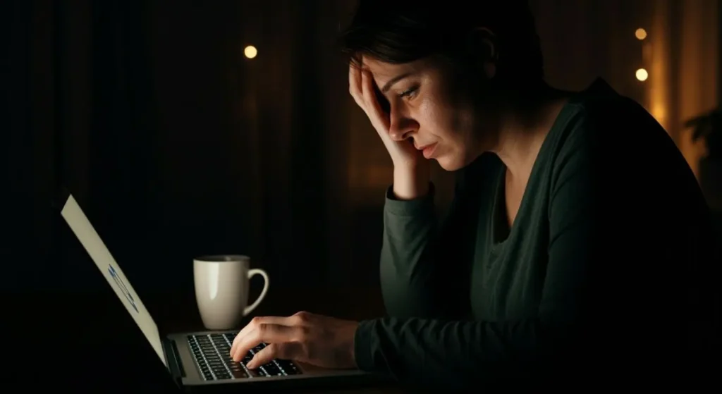 woman sitting at laptop late at night in dimly lit room