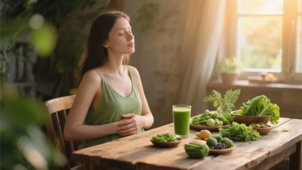 woman sitting by green vegetables and fresh green smoothie