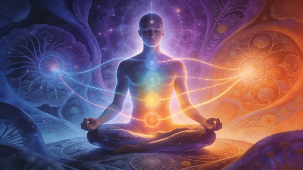 artistic illustration of calm person sitting in mindful observation with energy flowing around