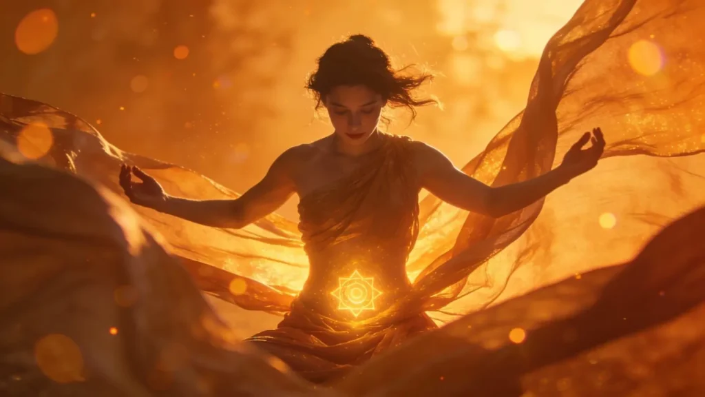 creative emotional woman surrounded by flowing fabrics and warm orange light