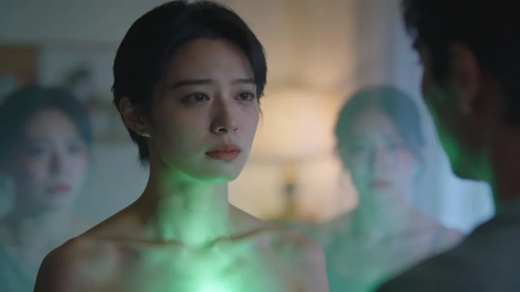 empathetic person standing in a softly lit with subtle green glow around the chest area