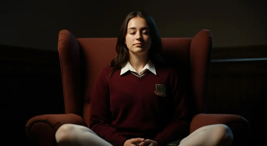 female student sitting comfortably in a chair and meditation