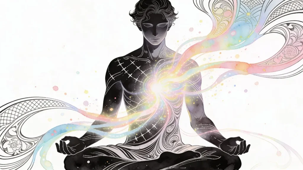 hand-drawn conceptual illustration of a human figure surrounded by flowing colorful energy