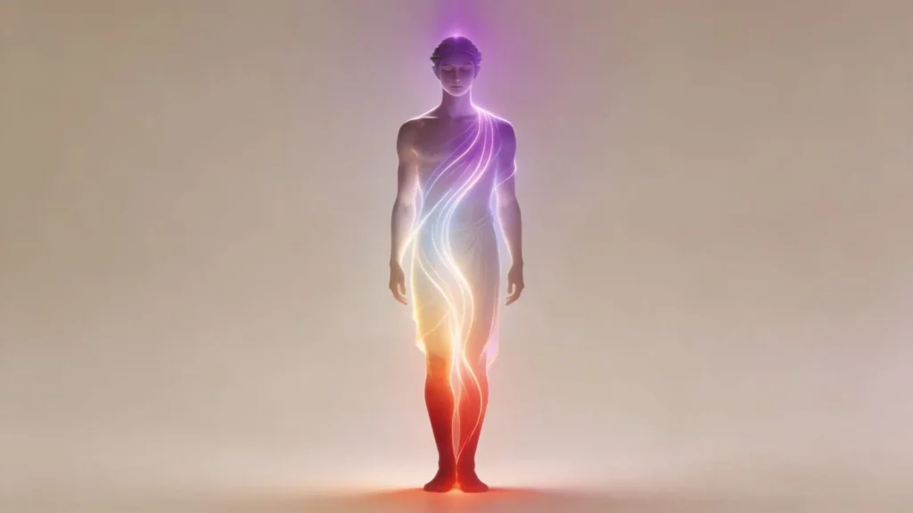 illustration of a calm human figure with glowing color bands flowing through the body