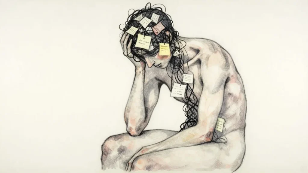 illustration of a human figure seated head filled with tangled lines and fragmented shapes