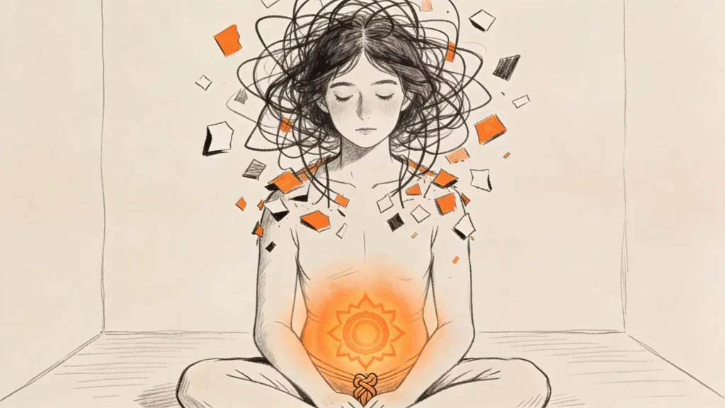 illustration of a seated human figure with sacral chakra having a creative block