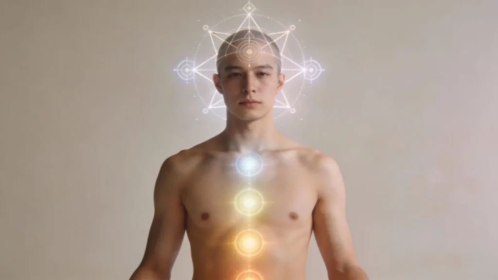 man facing forward with chakra points visible along the body