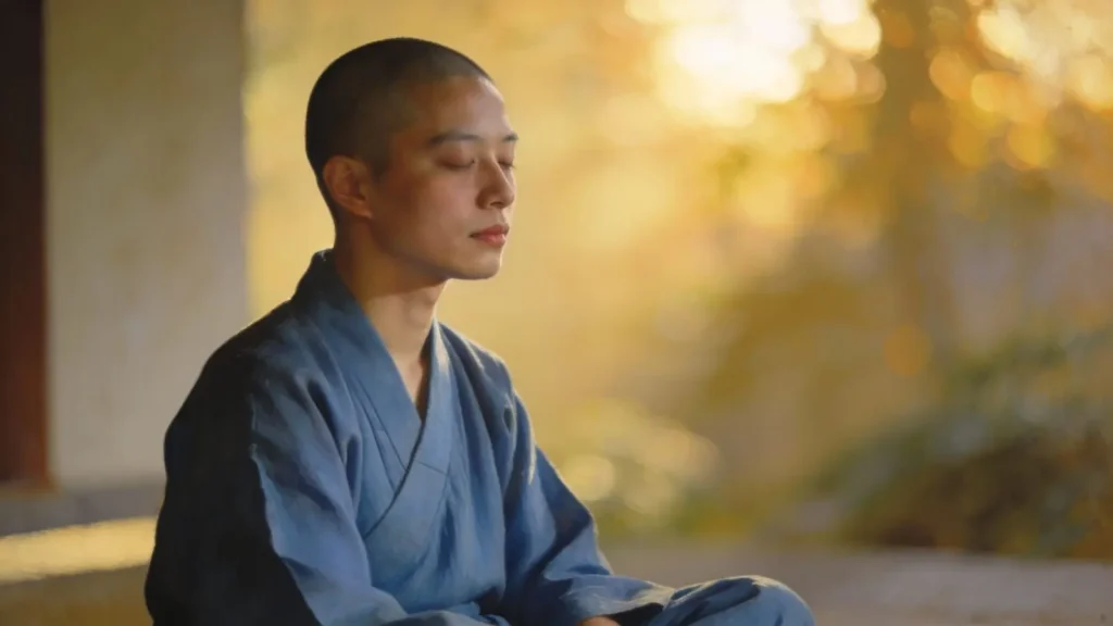 man in quiet reflection wearing simple ethnic soft indigo toned clothes