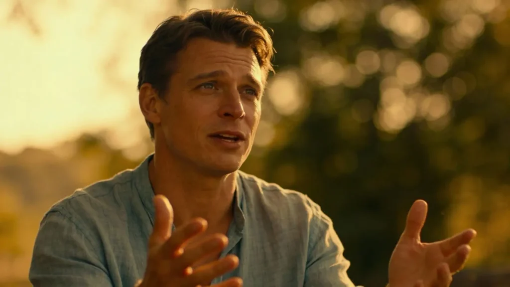 man speaking calmly wearing light blue comfortable linen shirt