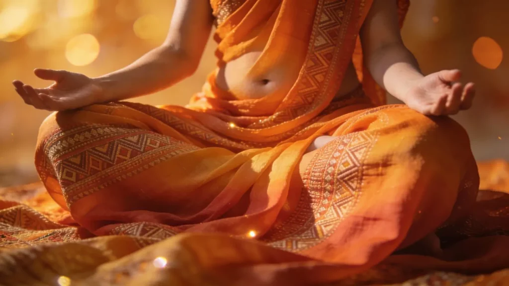 orange toned ethnic fabric around the lower abdomen of a relaxed figure