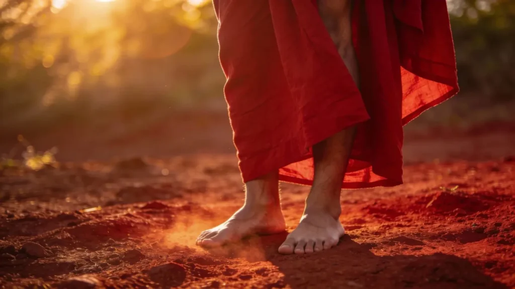 person dressed in red standing barefoot on solid ground