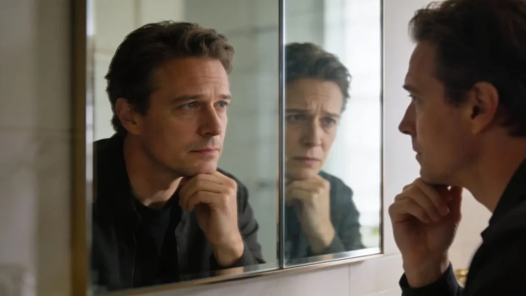 person looking into a mirror with a subtle double reflection - one calm and one tense