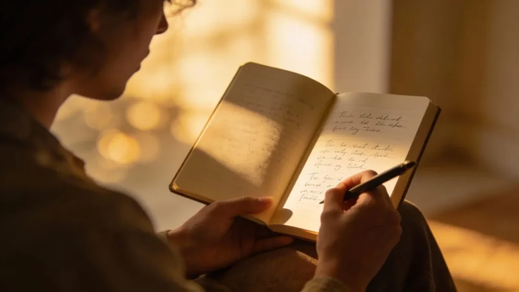 person with notebook open with hand written notes inside