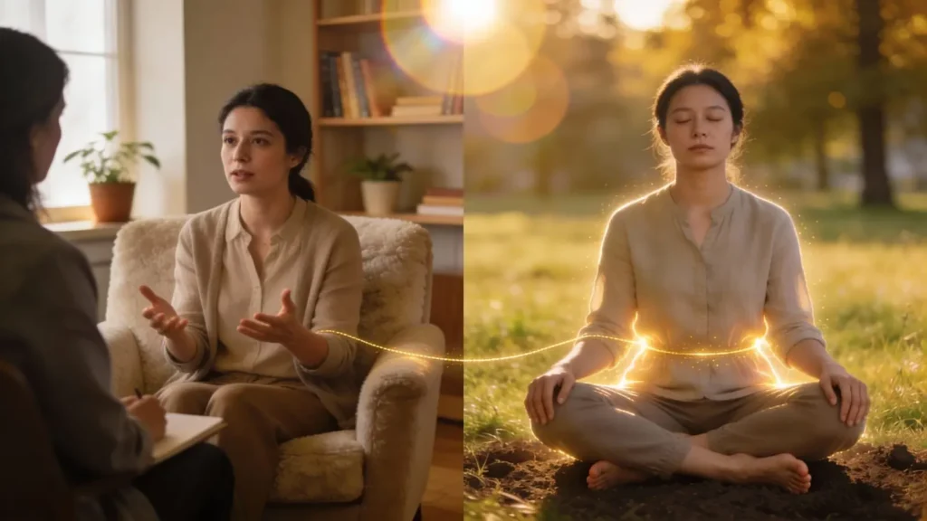 same woman in split image talking and doing energy work