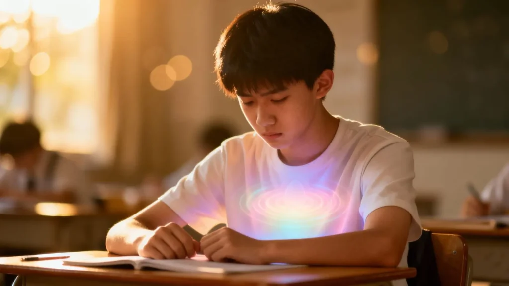 student at a desk with tense posture contrasted by a soft glowing overlay of calm energy around the chest