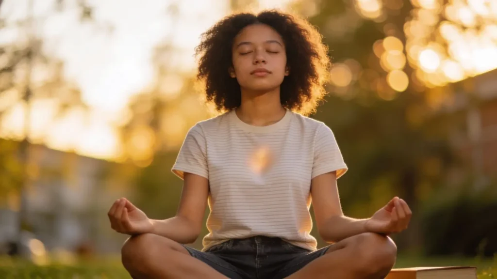 student meditating with eyes closed outside in nature
