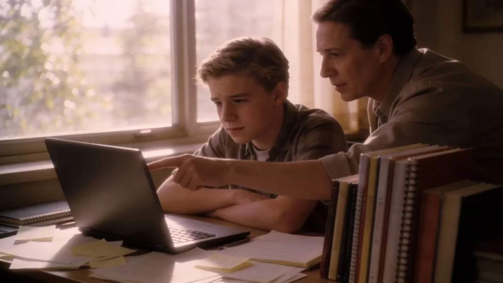 student sitting at a desk with a laptop getting help from mentor