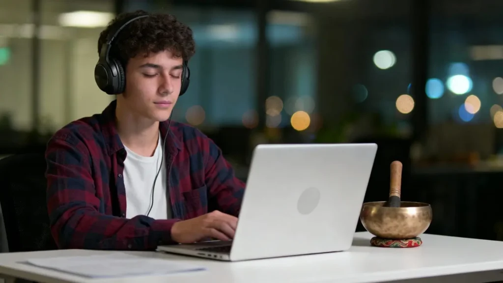 student studying at a clean desk with headphones on and singing bowl on desk
