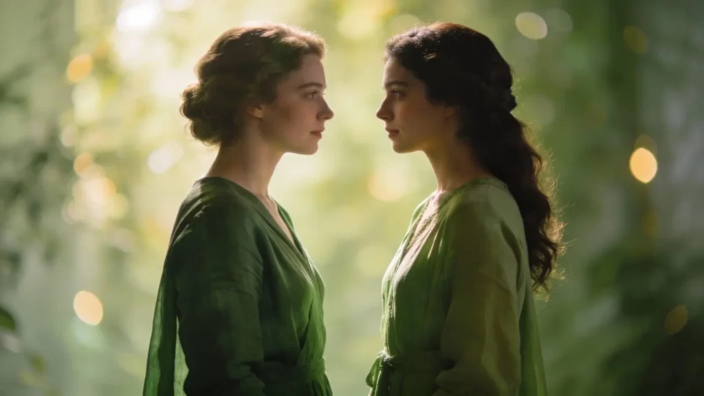 two women wearing green tone clothes gently facing each other