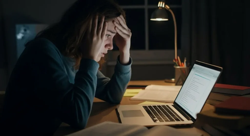 university student sitting at a desk with laptop having a creative block