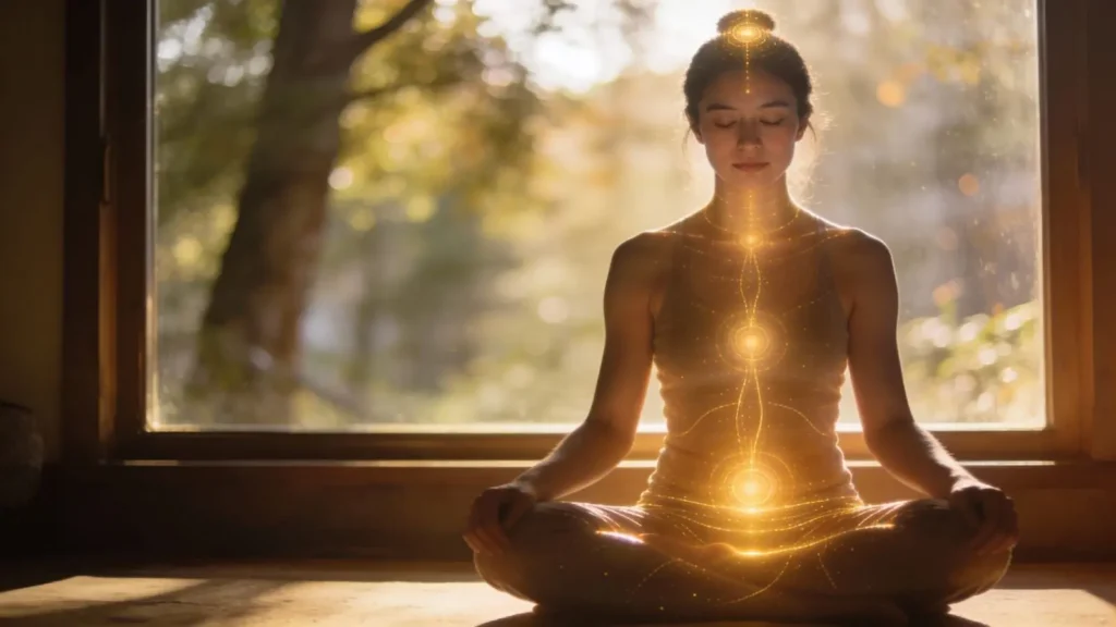 woman in meditation sitting peacefully with energy flowing through her body
