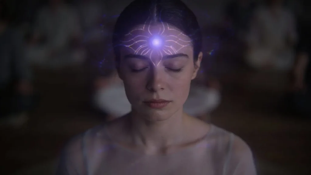 woman in quiet stillness with indigo glow at the center of the forehead