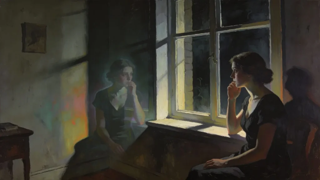 woman looking at her own disconnected image in dark room