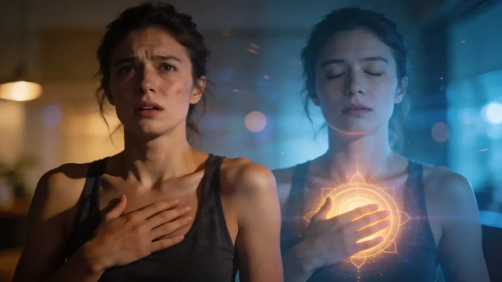 woman looking tense and alert with her image at side looking calm focusing on her chakra