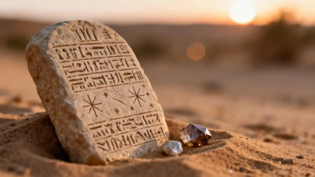 Ancient Babylonian-style stone tablet resting on sand with crystals besides