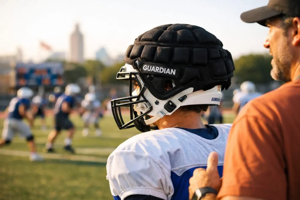 a teenage football player wearing a helmet with guardian cap