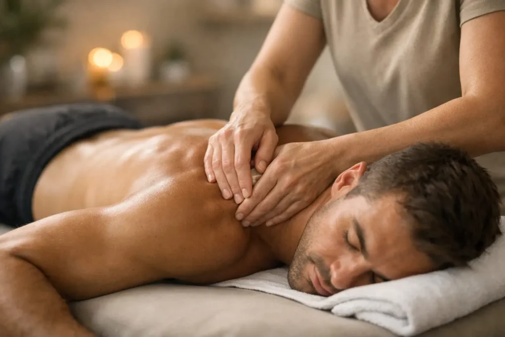 athlete lying on a massage table while a therapist applies deep tissue work