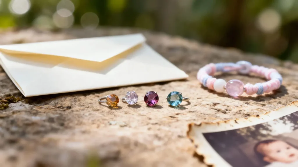 birthstone jewelry laid on a natural surface beside envelope and bracelet