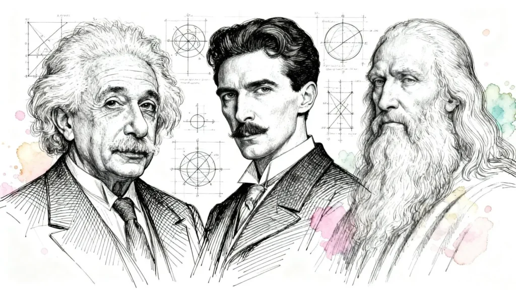 illustrated portraits of Albert Einstein, Nikola Tesla and Leonardo da Vinci side by side
