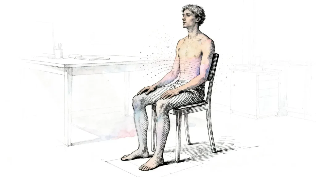 illustration of a person sitting upright on a chair with both feet flat on the floor
