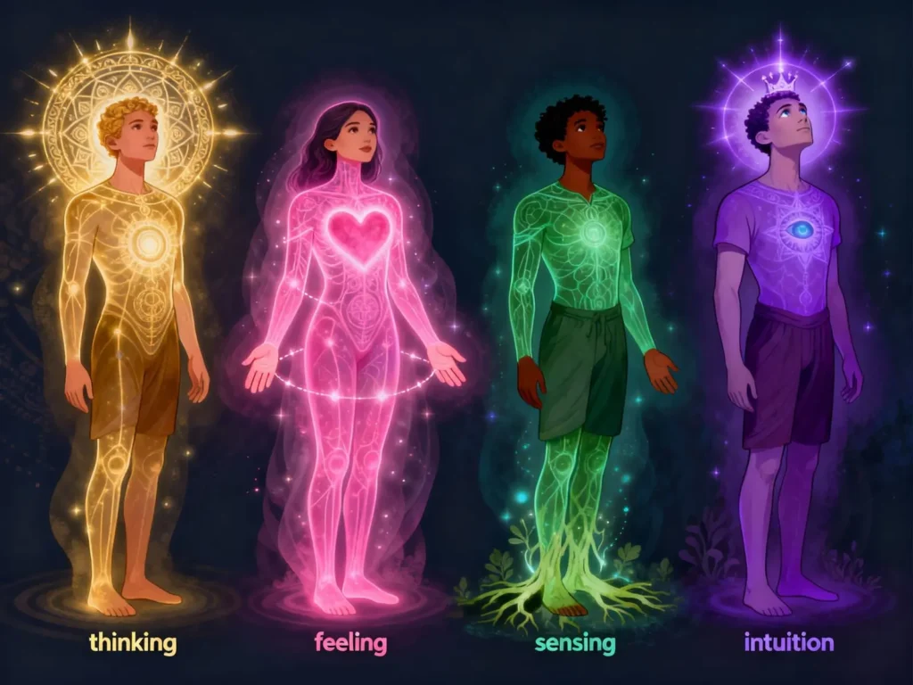 illustration of four people standing in a row representing thinking feeling sensing and intuition type