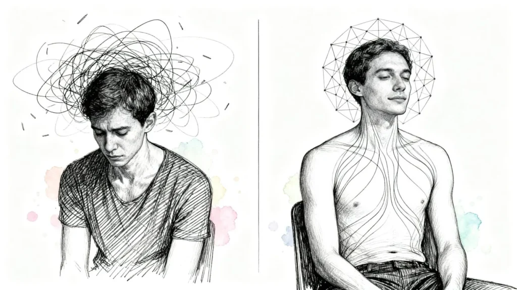 illustration of two human figures seated - one tense other relaxed