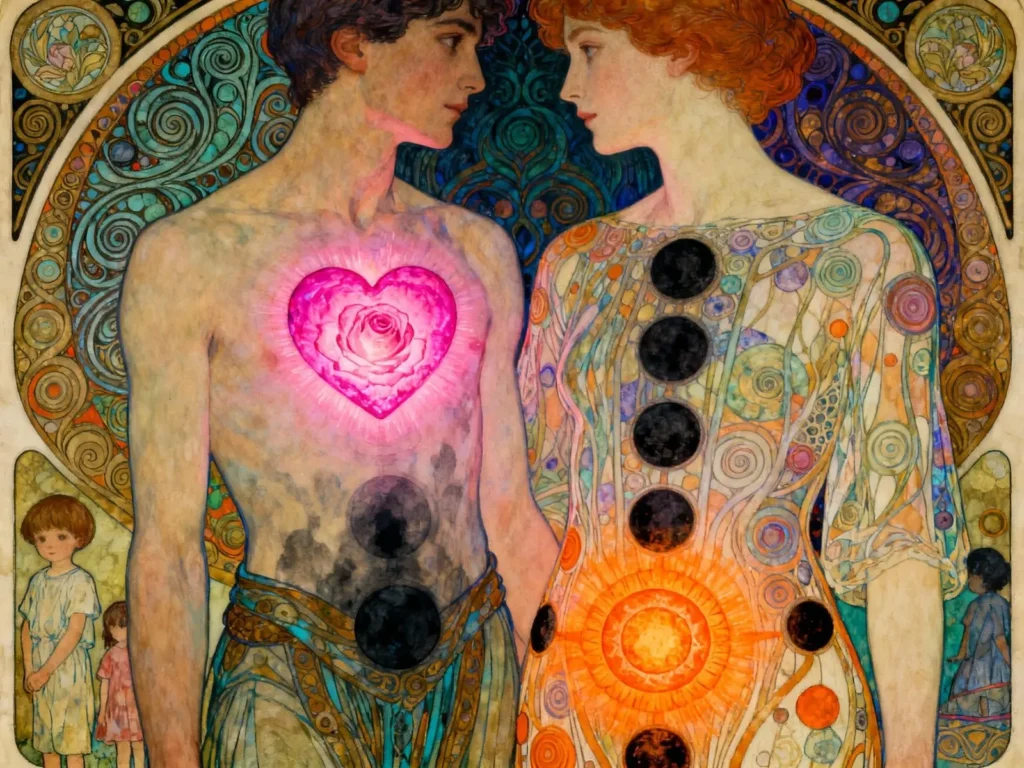 illustration style artwork - close-up of two people facing each other from waist up