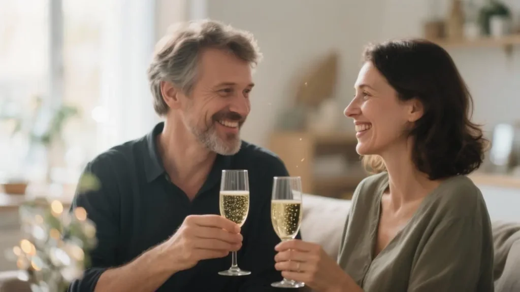 man and woman sharing a celebratory moment with sparkling wine