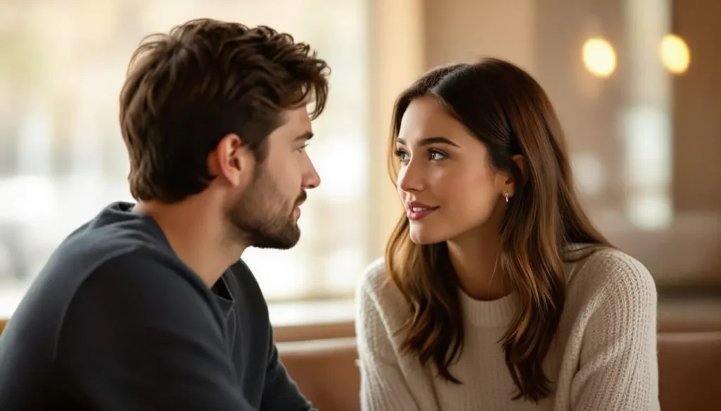 man and woman sitting face to face in a quiet warm setting