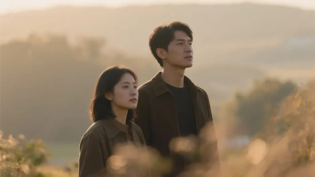 man and woman trustfully standing together outdoors in soft morning light