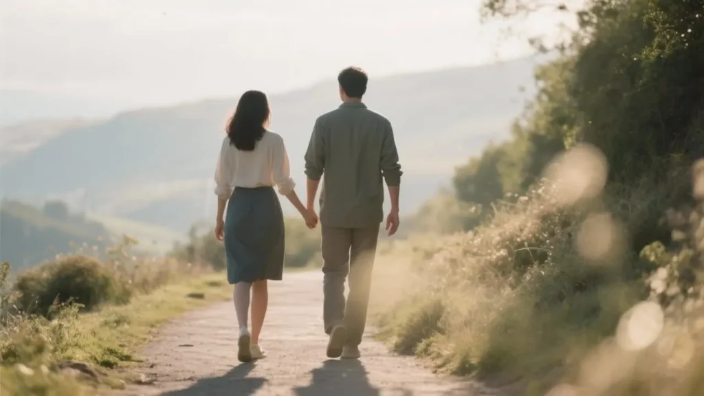 man and woman walking along the same path outdoors