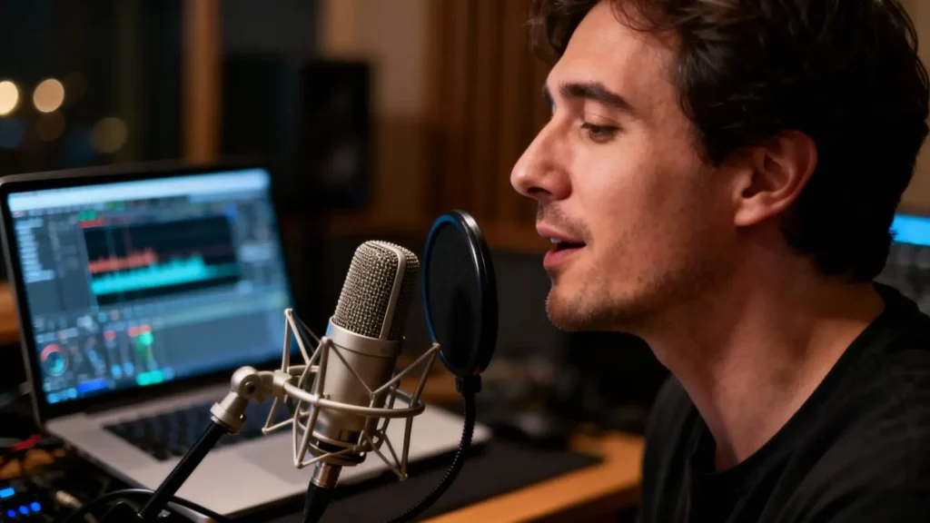 man recording his voice on professional microphone