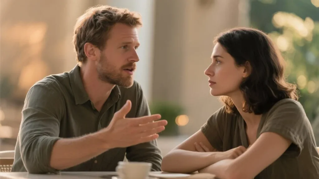 man speaking thoughtfully to a woman while she listens attentively