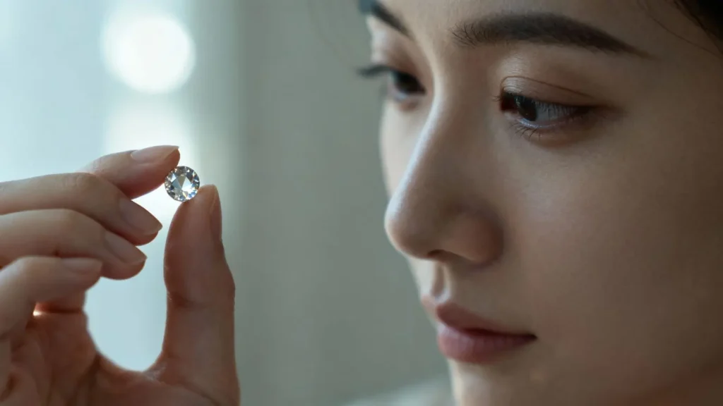 person gently holding a single gemstone between thumb and forefinger