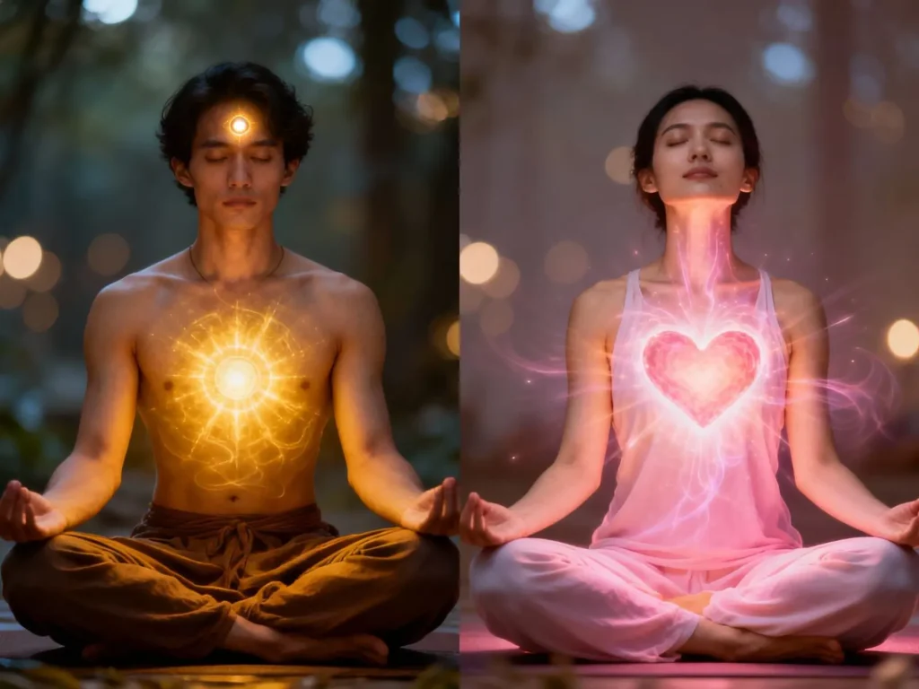 split-screen image two people - man with activated solar plexus chakra and woman with activated heart chakra