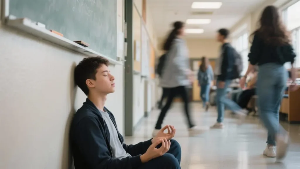 student seated in a hallway outside a classroom practicing a quick meditation