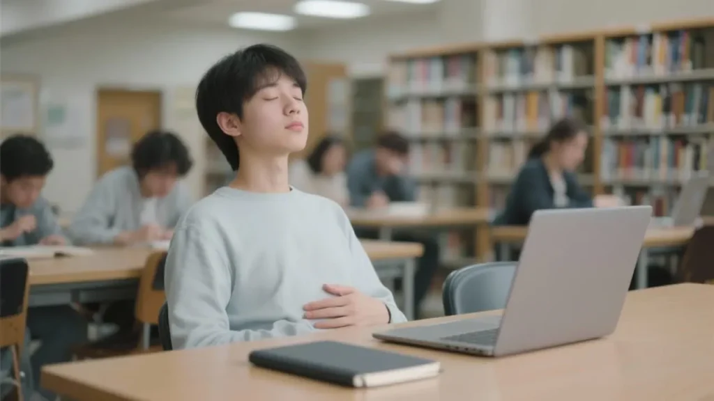 student sitting at a library desk practicing slow breathing
