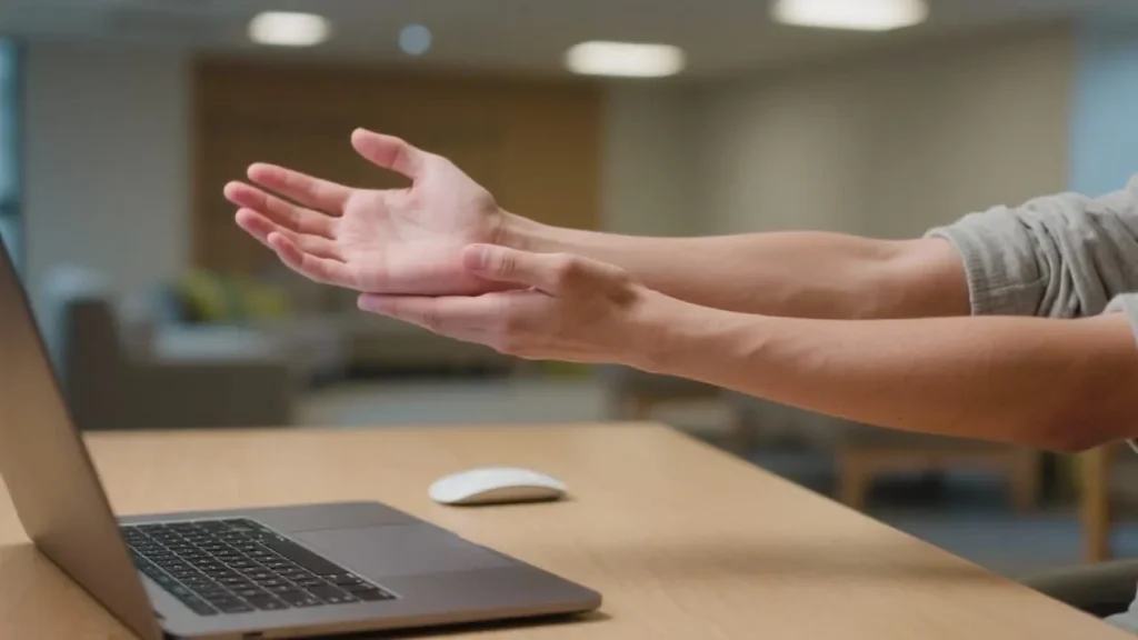 student stretching their wrists above a study table